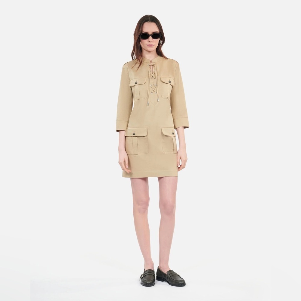 SHORT BEIGE SAFARI DRESS - Tan Lace-Up Pocket Dress - French SIZE 1 (US Sz 2/4)